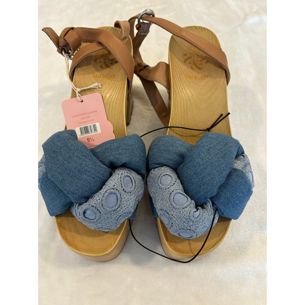 Sam & Libby Cassandra Indigo Denim Knotted Platform Sandals Block Heel 9.5 NEW